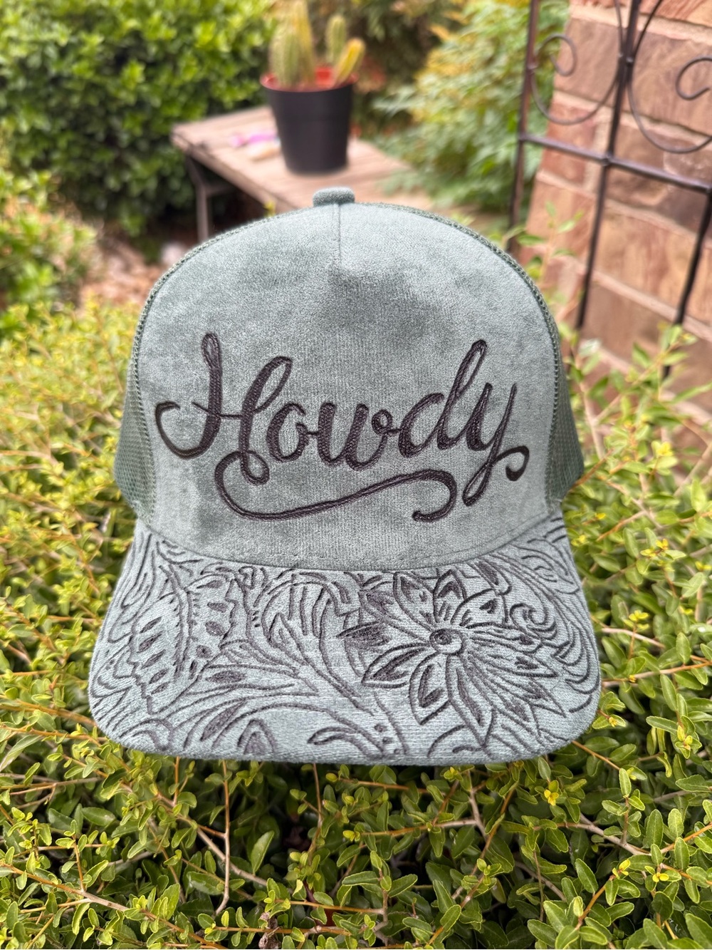 Hand-Burned Forest Green “Howdy”Trucker Hat with Floral Design